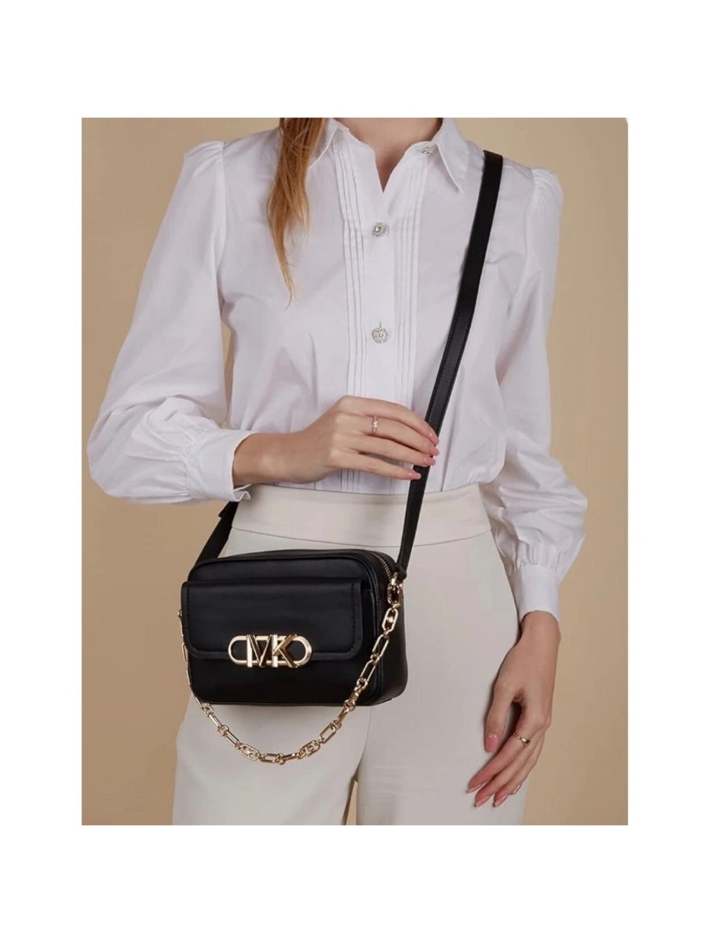 MICHAEL Michael Kors Black Leather Crossbody with Gold Chain Accent